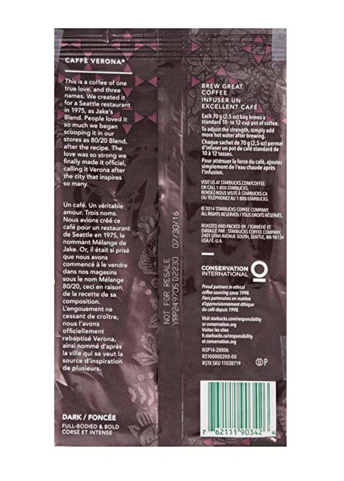Starbucks - Ground Coffee Portion Packs - Caffe Verona - 2.5oz; 18 Count