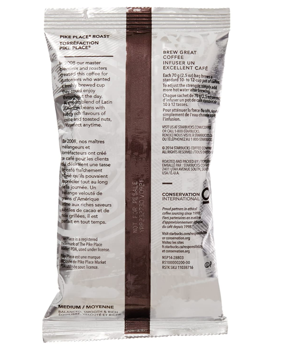 Starbucks - Ground Coffee Portion Packs - Decaf Pike Place - 2.5oz; 18 Count