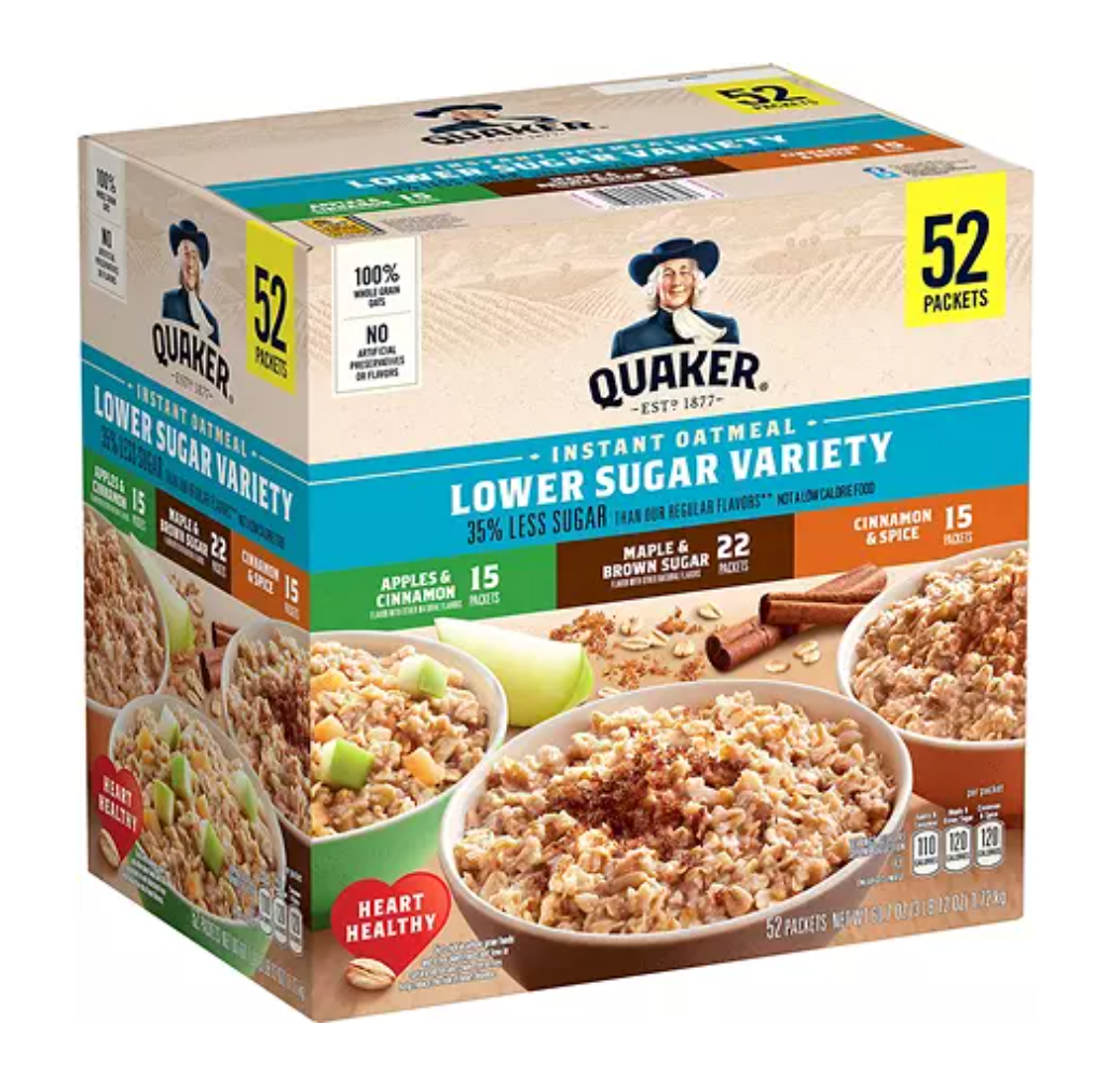 Quaker Low-Sugar Oatmeal Packet Variety Box - 52ct