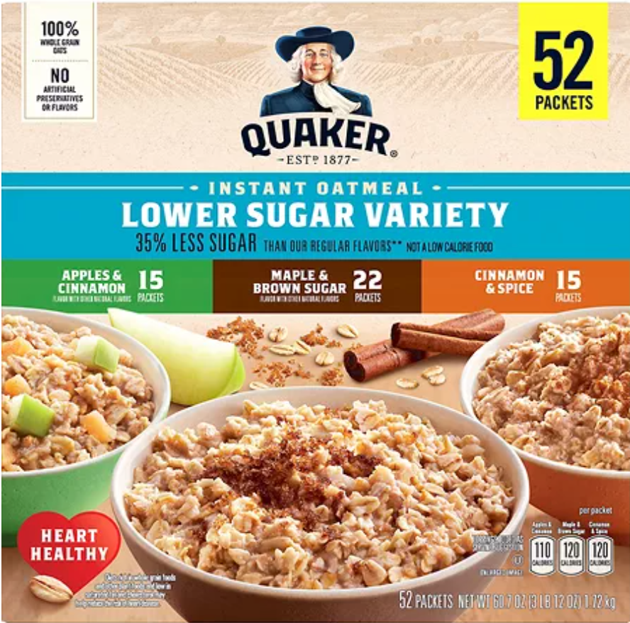 Quaker Low-Sugar Oatmeal Packet Variety Box - 52ct