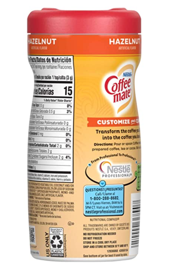 Nestle Coffee Mate - Hazelnut Powdered Creamer Canister - 15 oz